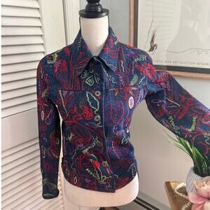 ACORN Womens Jacket Blue Embroidered Denim Bohemian Artsy Casual Retro | XS